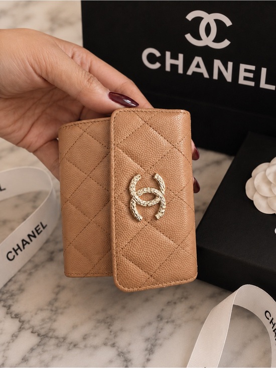 CHANEL Handbags - CHANEL Quilted Tan Caviar Leather Key Case with Gold CC